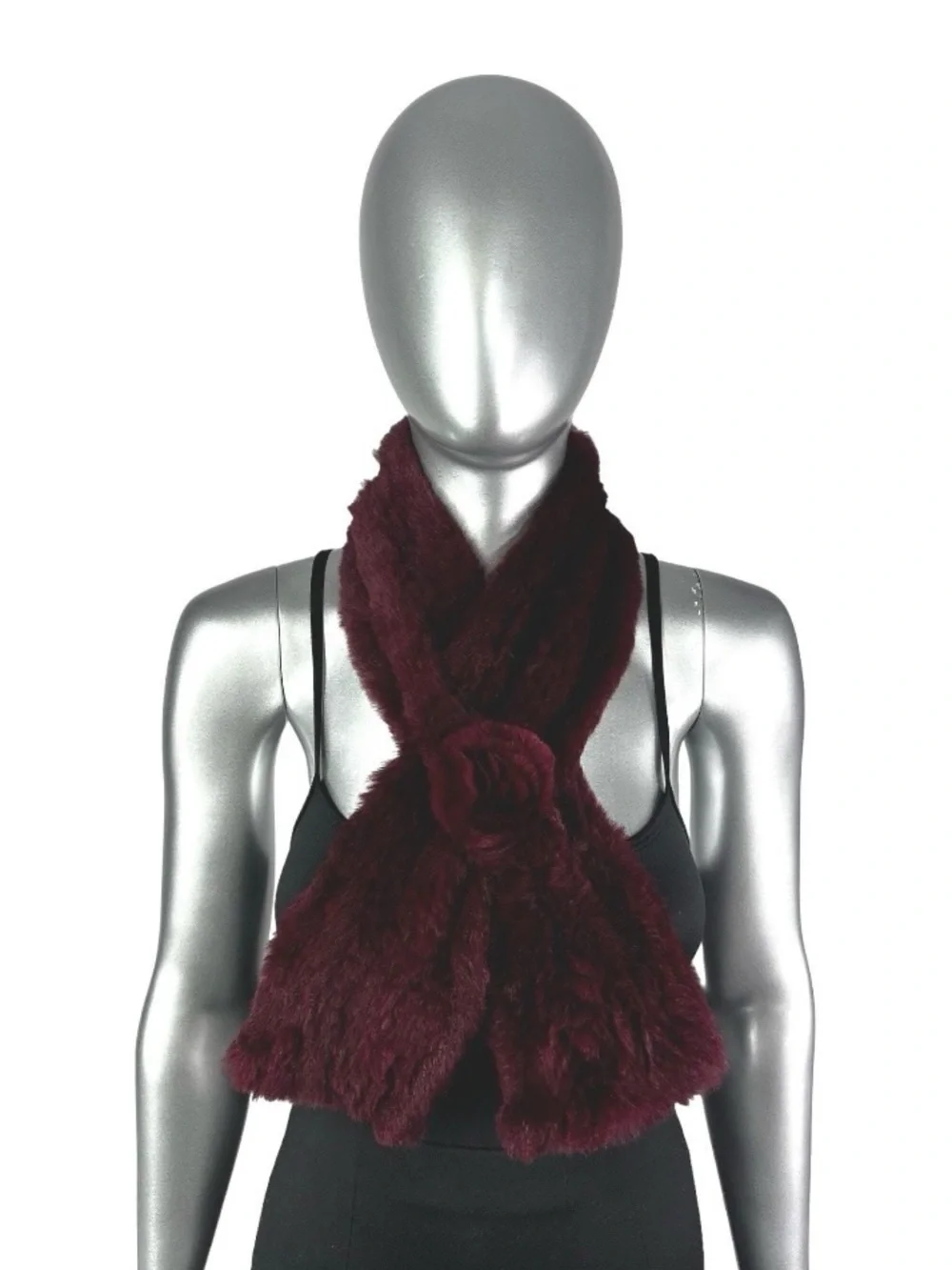 Burgundy Knitted RABBIT Scarf, 40” L, Certified Vintage Fur